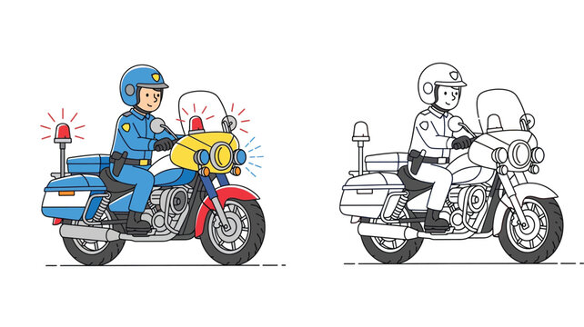 Police officer riding motorcycle cartoon illustration. Set of colored and black and white line art outline versions for coloring book page.