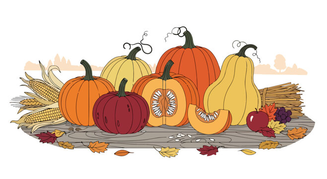 A colorful arrangement of gourds and pumpkins on a wooden board