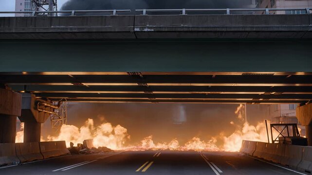 Fire Disaster - Burning Highway, Emergency Scene, Cinematic Chaos - High Quality Stock Image