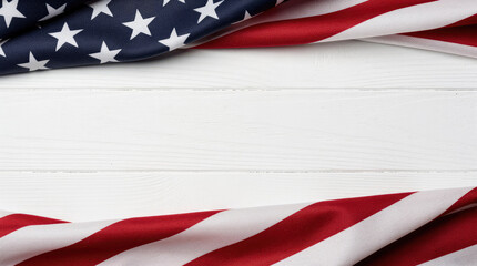 Fototapeta premium American flag fabric draped at the and bottom edges over a white wooden plank background, creating a central, horizontal space for, text display