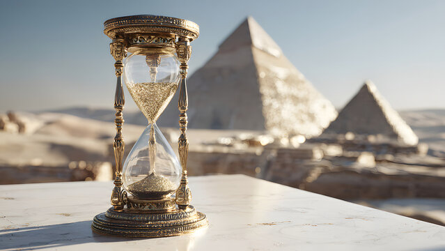 An ornate golden hourglass sits on a marble surface with ancient Egyptian pyramids and a vast desert landscape in the background under a clear sky.