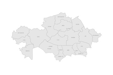 Obraz premium Kazakhstan political map of administrative divisions - regions and cities with region rights and city of republic significance Baikonur. Grey map with thin black outline and labels.