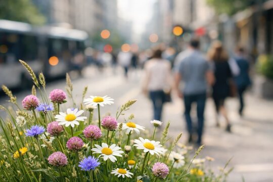 Close up of colorful wildflowers including daisies and clover in a city park, blurred pedestrians walking on a sidewalk in the background, at sunset