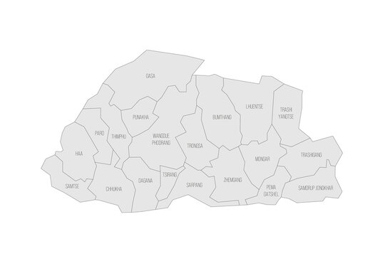 Bhutan political map of administrative divisions - districts. Grey map with thin black outline and labels.