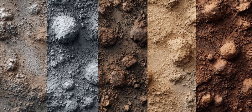 Close-up view of five distinct soil types, revealing textures and rocky formations