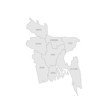 Bangladesh political map of administrative divisions - divisions. Grey map with thin black outline and labels.