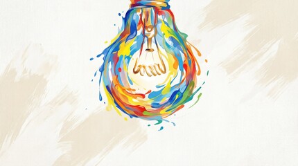 Fototapeta premium Light bulb with flowing colorful paint splashes and swirling liquid textures on a white background, representing inspiration and, bright concepts