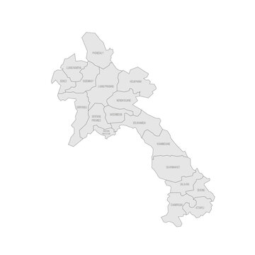 Laos political map of administrative divisions - provinces and prefecture of Vientiane. Grey map with thin black outline and labels.