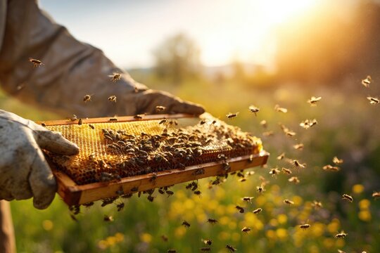 A beekeeper carefully holds a frame brimming with honeycombs and a swarm of busy bees in a sunlit field.