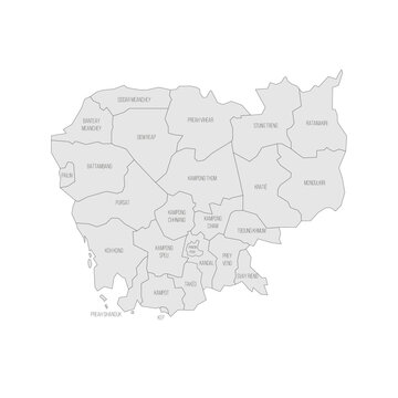 Cambodia political map of administrative divisions - provinces and autonomous municipality of Phnom Penh. Grey map with thin black outline and labels.