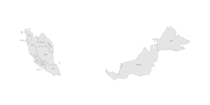 Malaysia political map of administrative divisions - states and federal territories. Grey map with thin black outline and labels.