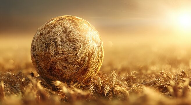 A golden sphere composed of wheat stalks rests within a sun-drenched field of grain.