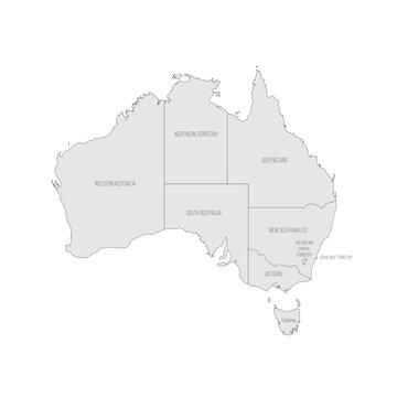 Australia political map of administrative divisions - states and teritorries. Grey map with thin black outline and labels.
