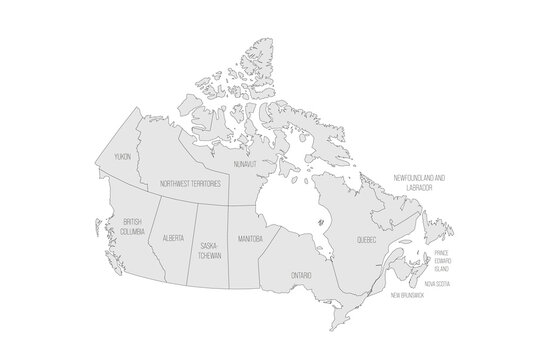 Canada political map of administrative divisions - provinces and territories. Grey map with thin black outline and labels.