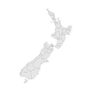 New Zealand political map of administrative divisions - regions. Grey map with thin black outline and labels.