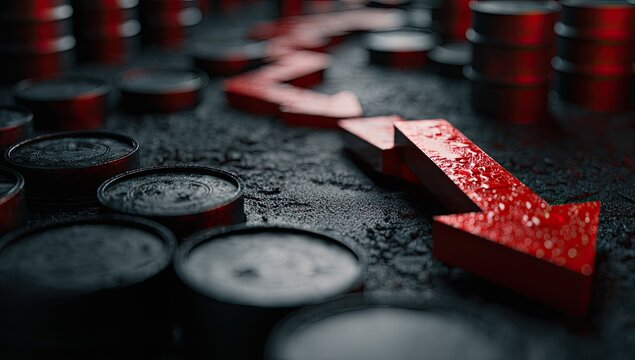 A dramatic image depicts a red arrow pointing downwards amidst oil barrels, symbolizing a decline in the oil industry.