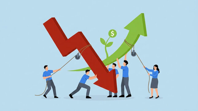Success professional corporate team redirect falling arrow rising green line symbolizing economic recovery financial growth positive business trajectory strategy teamwork progress investment.
