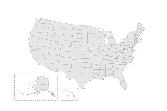 United States of America political map of administrative divisions - states and federal district Washington, D.C. Grey map with thin black outline and labels.
