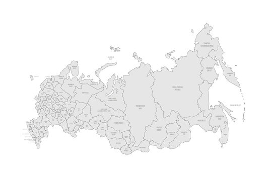 Russia political map of administrative divisions - oblasts, republics, autonomous okrugs, krais, autonomous oblast and 2 federal cities of Moscow and Saint Petersburg. Grey map with thin black outline