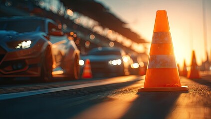 A blurred view of traffic on a highway at sunset, with orange traffic cones lining the road, creating a sense of temporary disruption and movement.