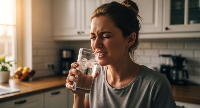 Woman Grimacing While Drinking Water in Kitchen.