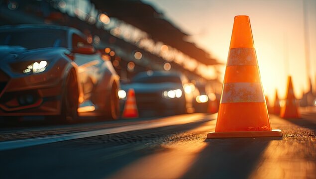 A blurred view of traffic on a highway at sunset, with orange traffic cones lining the road, creating a sense of temporary disruption and movement.