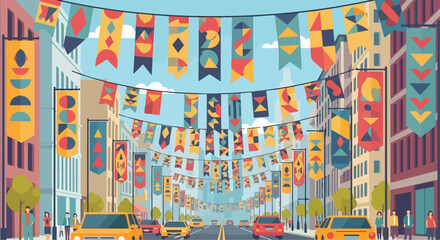 A vibrant city street decorated with colorful flags © Kuisdi