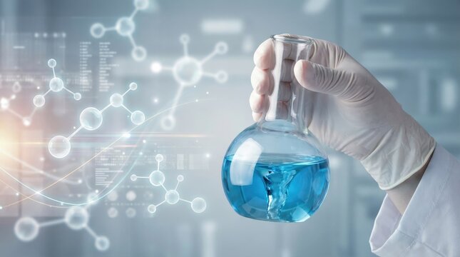 Scientist hand in a white latex glove holding a round glass flask with blue liquid chemical solution against a digital background, of molecular chains