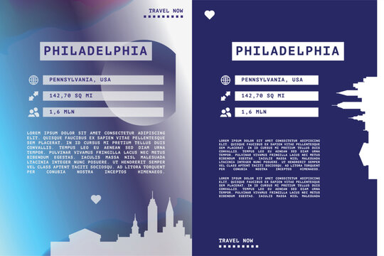 Philadelphia, Pennsylvania USA state vector infographics, brochure layout set. Guide, leaflet, flyer, graphic templates with text, information, data, city skyline shape. Mock up, images series