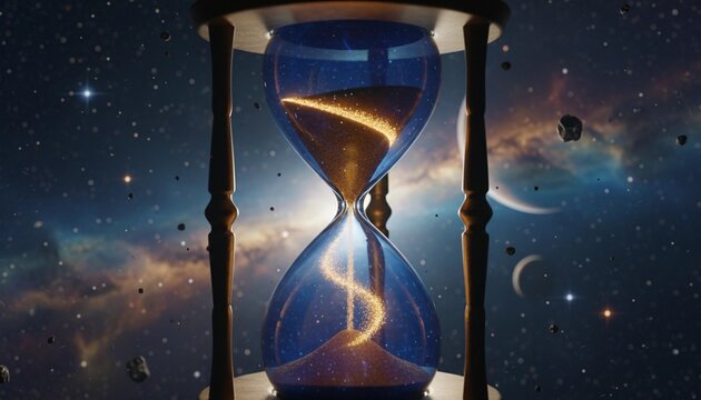 An hourglass set against a cosmic backdrop, suggesting time's passage and the vastness of the universe