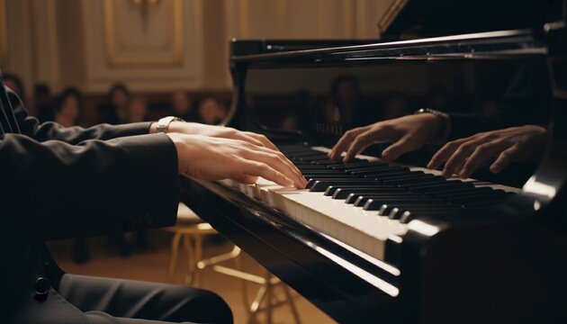A pianist playing a grand piano during a concert. Focus is on his hands on the keys