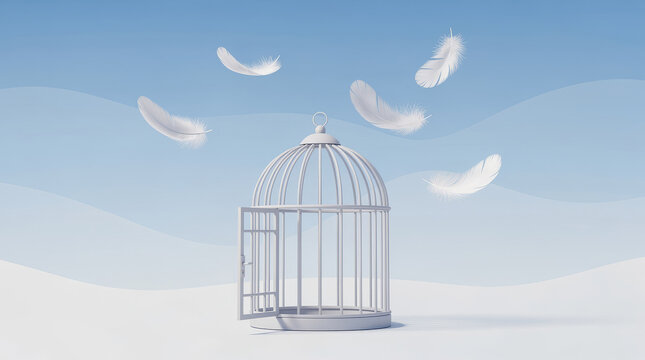 White birdcage with an open door sitting on a white surface with soft white feathers floating in the air against a blue and white wavy background