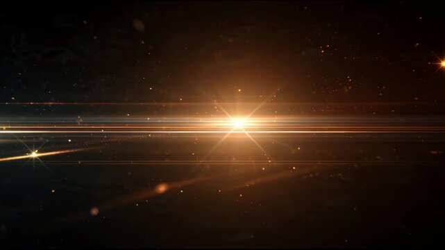 Bright central starburst with horizontal anamorphic lens flare and floating particles.