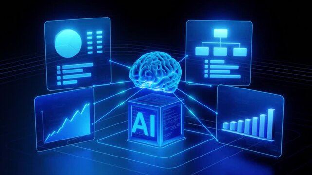 Artificial intelligence brain network visualization with data analytics dashboard, futuristic AI technology concept, machine learning system interface, digital innovation 4k background