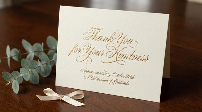 A Thank You card with a heartfelt message and appreciation. The elegant card is placed on a wooden table, near some leaves and a ribbon. 