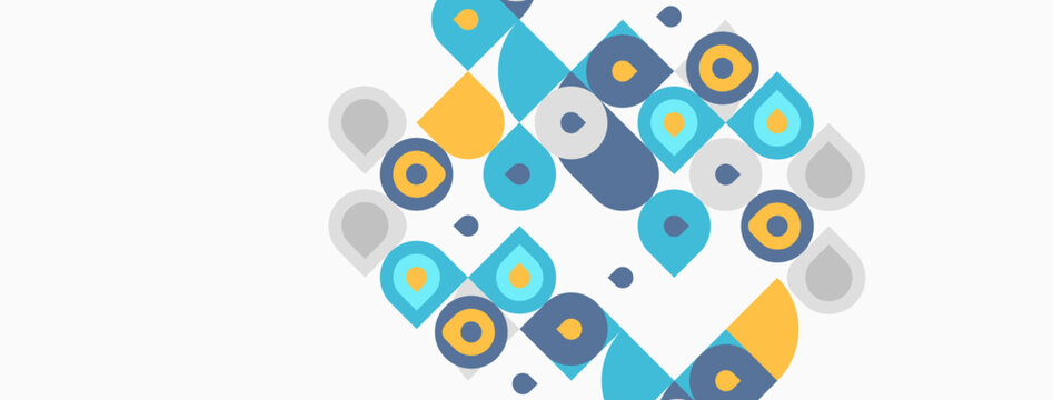 Abstract geometric pattern. Circles, squares, rounded rectangles overlap creating colorful mosaic effect. Minimalist design, modern aesthetic.