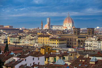 Fototapeta premium Italian city Florence skyline with old famous landmarks on a cloudy sky