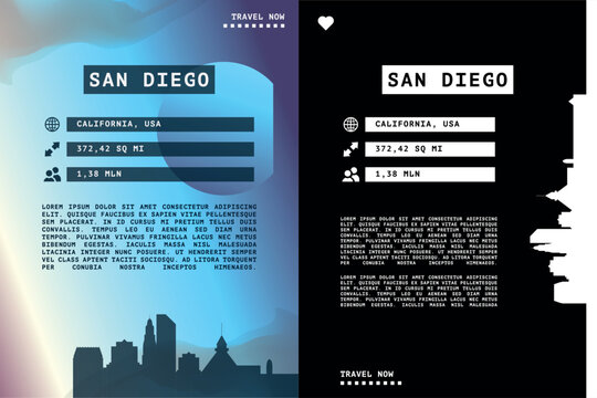 San Diego, California USA state vector infographics, brochure layout set. Guide, leaflet, flyer, graphic templates with text, information, data, city skyline shape. Mock up, copy space images series