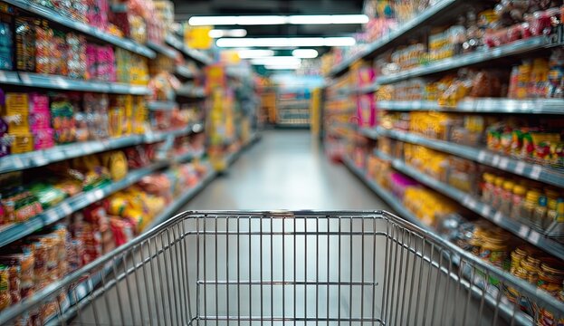 A perspective view from a shopping cart leads down a brightly lit aisle filled with colorful packaged goods in a bustling supermarket.