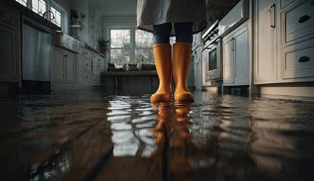 Orange boots stand in a flooded kitchen