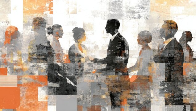 Silhouetted figures in suits engage in a handshake amidst abstract textured blocks