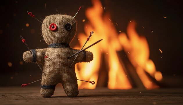 A voodoo doll with pins in front of a crackling fire, creating an unsettling atmosphere. The doll appears to be made from burlap and has buttons for eyes.