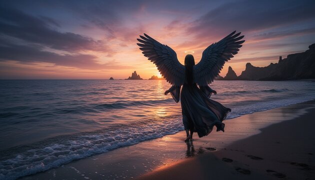 An angel walks along a beach towards the sunset. With wings, dress, and a scenic landscape the image evokes an ethereal atmosphere