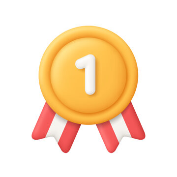 Golden medal badge with the number one and red ribbons. First place, victory, achievement, success, award and competition concept. 3d vector icon. Cartoon minimal style.