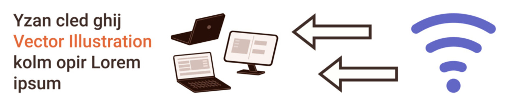 Wireless technology, connectivity, data sharing, communication, internet access, networking. Laptops, screens arrows and wireless symbol. Wireless technology and connectivity concept