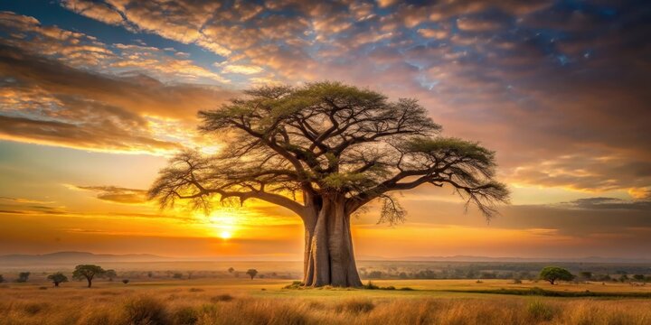 Majestic baobab tree stands tall against a vast savannah landscape at sunset, nature, wildlife