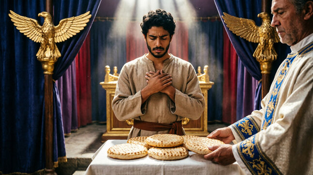 David kneels reverently receiving holy showbread, divine light and sacred biblical ceremony.