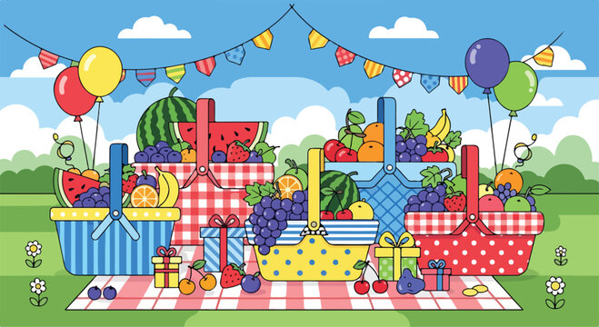 A colorful picnic scene with fruit baskets and balloons