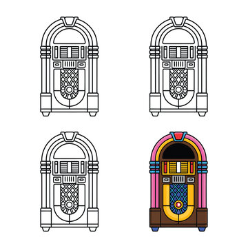 A jukebox icon set with colorful and black and white illustrations
