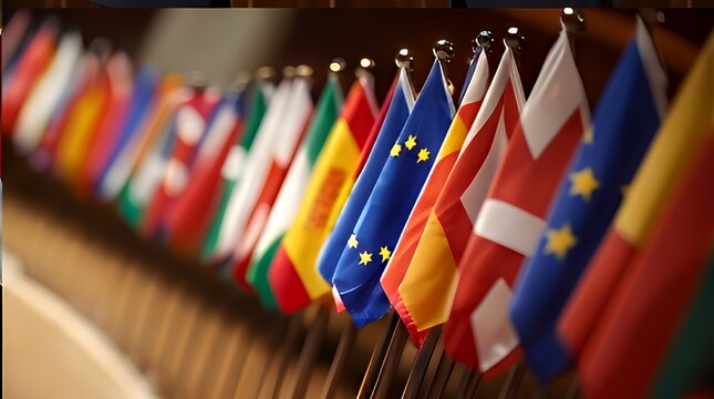 Global Nations: International Flags in Diplomatic Assembly